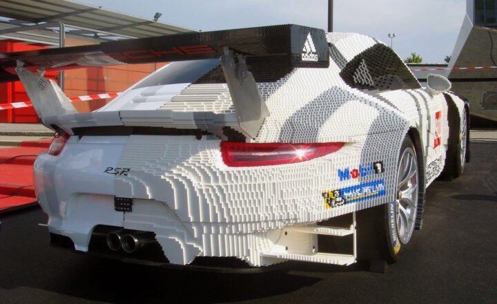 Rear view of a life-size Porsche 911 RSR built partly from LEGO bricks